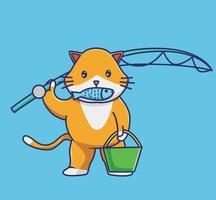 lindo gato ruivo pescando um peixe. ilustração de ícone de estilo plano de desenho animado isolado animal mascote de adesivo de logotipo de vetor premium