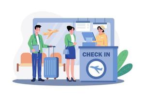 passageiros fazem fila para fazer check-in no aeroporto vetor