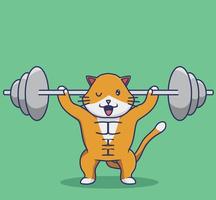 gato bonito dos desenhos animados treinando fitness levantando peso a barra e o haltere para criança. animal cartoon ilustração de ícone de estilo plano logotipo de vetor premium