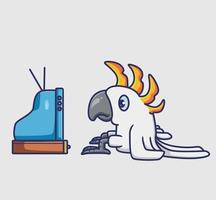 papagaio bonito assistindo uma tv. animal cartoon isolado estilo plano adesivo web design ícone ilustração personagem de mascote de logotipo de vetor premium