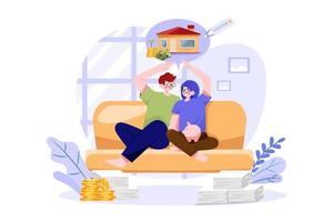 casal sentado no sofá pensando em casa nova vetor