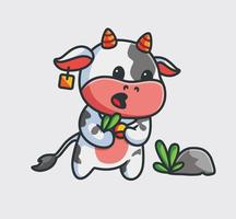 vaca bonitinha comendo grama. ilustração de natureza animal dos desenhos animados isolado. estilo plano adequado para vetor de logotipo premium de design de ícone de adesivo. personagem mascote