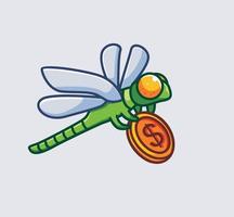 libélula fofa traz um investimento em moedas. ilustração de natureza animal dos desenhos animados isolado. estilo plano adequado para vetor de logotipo premium de design de ícone de adesivo. personagem mascote