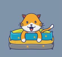 gato fofo brincando nas almofadas. ícone de ilustração de estilo plano animal dos desenhos animados mascote de logotipo de vetor premium adequado para personagem de banner de web design