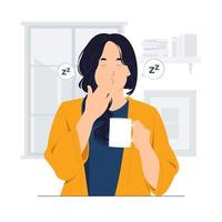 mulher segurando uma xícara de chá ou café na mão de manhã, com sono e cansada, quer dormir, enquanto boceja. ilustração de conceito de tipo de coruja noturna vetor