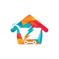 design de logotipo de vetor de compras rápidas. carrinho de compras com flash e ícone de logotipo em casa.