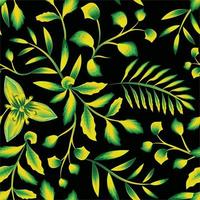 verde amarelo plantas tropicais folhagem sem costura padrão com flores abstratas no fundo da noite. textura de impressão elegante. papel de parede interno. papel de parede decorativo. fundo da selva vetor