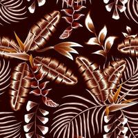 fundo de vetor de ilustração de natureza vintage decorativo com belas folhas de palmeira de banana tropical e flor de helicônia, folhagem de planta strelitzia em fundo escuro. textura de impressão elegante. verão