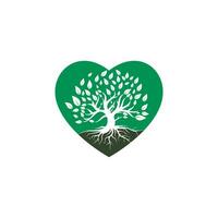 árvore raízes design de logotipo de vetor de forma de coração. árvore raízes natureza amor modelo de design de logotipo de vetor.