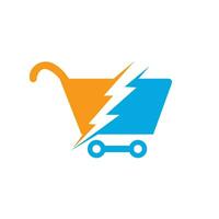 design de logotipo de vetor de compras rápidas. carrinho de compras com o ícone do logotipo em flash.