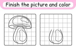 complete o boleto de cogumelo de imagem. copie a imagem e a cor. terminar a imagem. livro de colorir. jogo de exercício de desenho educacional para crianças vetor