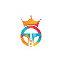 conduza o design do logotipo de vetor do rei. direção com ícone de estrada e coroa.