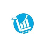 design de logotipo de negócios e mercado de ações. ilustração em vetor do diagrama de barras dentro do carrinho de compras.