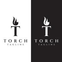 design de modelo de logotipo de tocha de liberdade minimalista. tocha com forma simples. elegante letra t, fogo e pilar. vetor