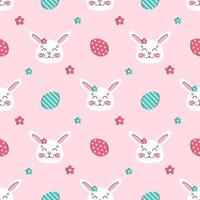 padrão perfeito coelhos de páscoa bonitos com ovos e flores no fundo rosa. coelho branco feliz. ilustração vetorial de crianças para tecido, têxtil, papel de parede vetor
