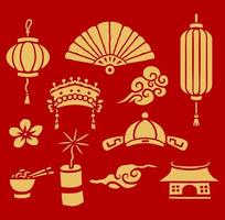 conjunto de elementos chineses asiáticos, estilo de linha desenhado à mão com cor digital, ilustração vetorial vetor