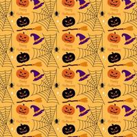 padrão de halloween amarelo com abóbora, teia de aranha e ilustração vetorial de chapéu em estilo simples vetor