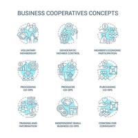 conjunto de ícones de conceito turquesa de cooperativas de negócios. ilustração de cores de linha fina de ideia de trabalho cooperativo. Filiação. símbolos isolados. traço editável. vetor