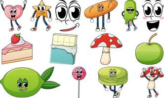 conjunto de personagens de desenhos animados de objetos e alimentos vetor