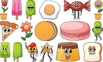 conjunto de personagens de desenhos animados de objetos e alimentos vetor