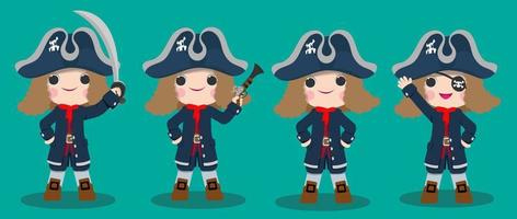 personagem pirata bonito usando chapéu e de pé com arma. viagens marítimas e design de aventura vetor