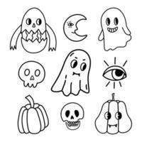 conjunto de vetores de elementos de doodle de halloween trippy. ícones de linha de criaturas de halloween engraçados e assustadores