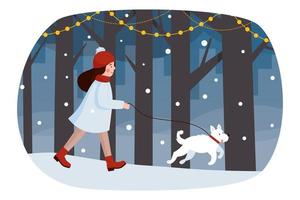 uma garota caminha no parque de natal de inverno com um cachorro branco. uma mulher caminha pela floresta nevada. ilustração em vetor plana.
