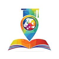 design de logotipo de vetor gps de educação mundial. globo com tampa de gradação e design de ícone de livro.