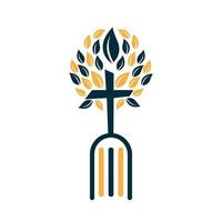 design de logotipo de árvore cruzada da bíblia. design de modelo de vetor de cruz de árvore de igreja cristã.