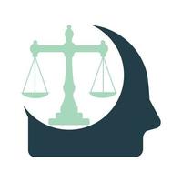 escalas no conceito de logotipo de cabeça humana. ícone de cabeça com um vetor de escala de peso de justiça.