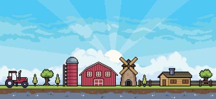 cena de fazenda de pixel art com trator, celeiro, silo, moinho, casa. fundo de paisagem para jogo de 8 bits vetor