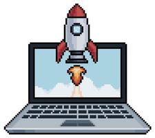 laptop de pixel art com foguete decolando do ícone de vetor de tela para jogo de 8 bits em fundo branco