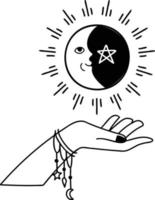 mão desenhada mão segurando a lua na ilustração do estilo boho vetor