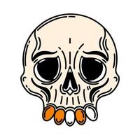 crânio humano com ícone de vetor de dentes de ouro. ilustração de osso desenhada de mão isolada no branco. estilo cartoon plana, esboço simples. rosto, máscara, cabeça morta. clipart de halloween para cartões, cartazes, logotipo, web