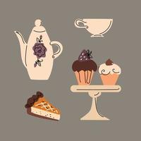 carrinho de chá da tarde com lcakes, ícones de café de sobremesas. vetor