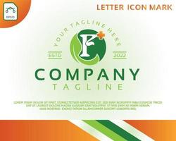 carta criativa f e modelo de design de logotipo de folha verde de cuidados de saúde vetor