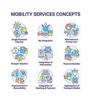 mobilidade como conjunto de ícones do conceito de serviço. infraestrutura urbana. serviços de transporte. maas idea ilustrações coloridas de linha fina. símbolos isolados. traço editável. vetor