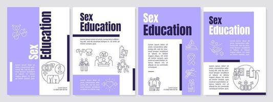 modelo de folheto roxo de explicação de educação sexual. desenvolvimento corporal. design de folheto com ícones lineares. 4 layouts vetoriais editáveis para apresentação, relatórios anuais. vetor