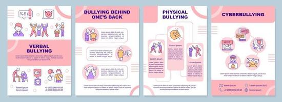 modelo de folheto rosa bullying adolescente. cyberbullying. design de folheto com ícones lineares. 4 layouts vetoriais editáveis para apresentação, relatórios anuais. vetor