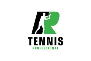 letra r com design de logotipo de silhueta de jogador de tênis. elementos de modelo de design vetorial para equipe esportiva ou identidade corporativa. vetor