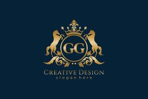 crista dourada retro gg inicial com círculo e dois cavalos, modelo de crachá com pergaminhos e coroa real - perfeito para projetos de marca luxuosos vetor