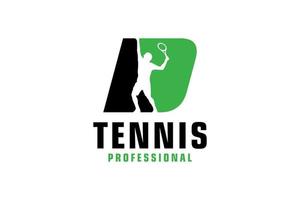 letra d com design de logotipo de silhueta de jogador de tênis. elementos de modelo de design vetorial para equipe esportiva ou identidade corporativa. vetor