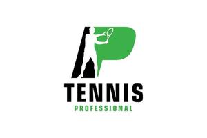 letra p com design de logotipo de silhueta de jogador de tênis. elementos de modelo de design vetorial para equipe esportiva ou identidade corporativa. vetor