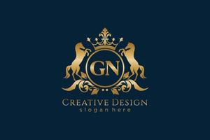 crista dourada retro gn inicial com círculo e dois cavalos, modelo de crachá com pergaminhos e coroa real - perfeito para projetos de marca luxuosos vetor