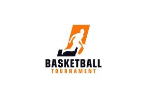 letra j com design de logotipo de basquete. elementos de modelo de design vetorial para equipe esportiva ou identidade corporativa. vetor