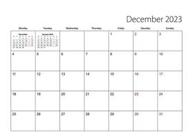 planejador de calendário simples de dezembro de 2023, a semana começa a partir de segunda-feira. vetor