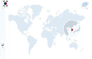 mapa-múndi azul com ampliação na coreia do sul. vetor