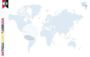 mapa-múndi azul com ampliação em antígua e barbuda. vetor