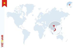 mapa-múndi azul com ampliação no vietnã. vetor