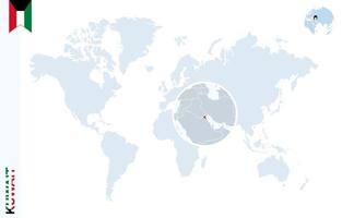 mapa-múndi azul com ampliação no kuwait. vetor